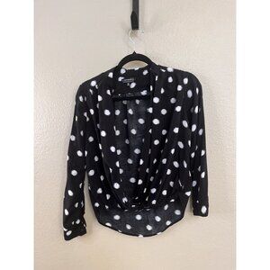 Cotton On Womens Black Polka Dot Drape Wrap Top XS Long Sleeve Blouse Viscose